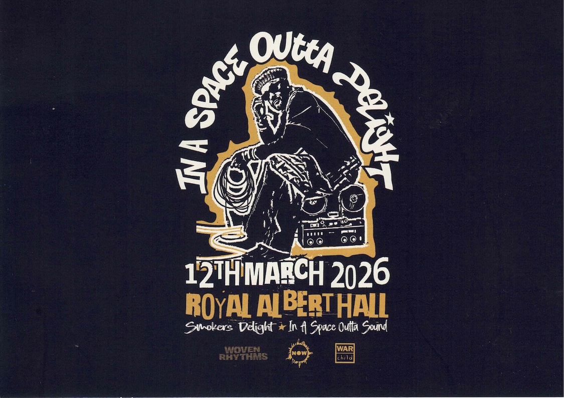 Nightmares on Wax postcard given out at the gig, it pictures George sitting on a reel to reel tape deck beneath it reads 12th March 2026 Royal Albert Hall, Smokers Delight and In a Space Outta Sound