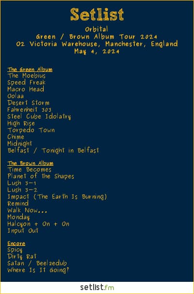 Orbital Setlist O2 Victoria Warehouse, Manchester, England, Green / Brown Album Tour 2024