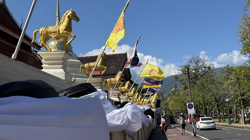A row of golden horses stood on a wall outside the temple Khuan Khama in Chiang Mai